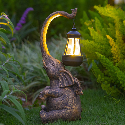 Solar Powered Gold Elephant Statue Outdoor Lantern