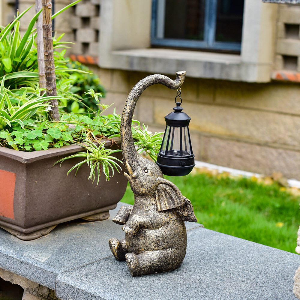 Solar Powered Gold Elephant Statue Outdoor Lantern