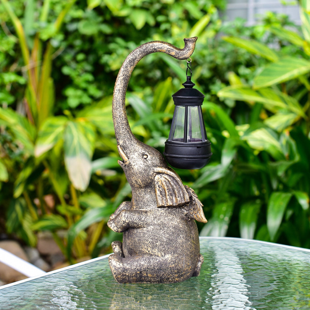 Solar Powered Gold Elephant Statue Outdoor Lantern