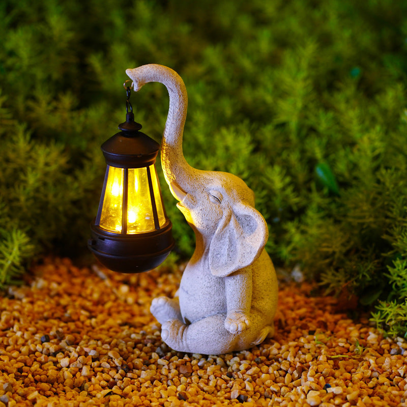 Solar Powered Grey Elephant Statue Outdoor Lantern