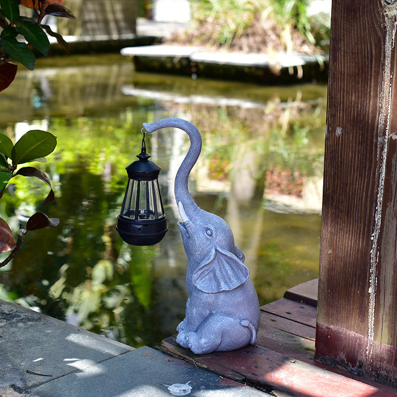 Solar Powered Grey Elephant Statue Outdoor Lantern