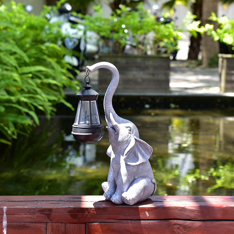 Solar Powered Grey Elephant Statue Outdoor Lantern